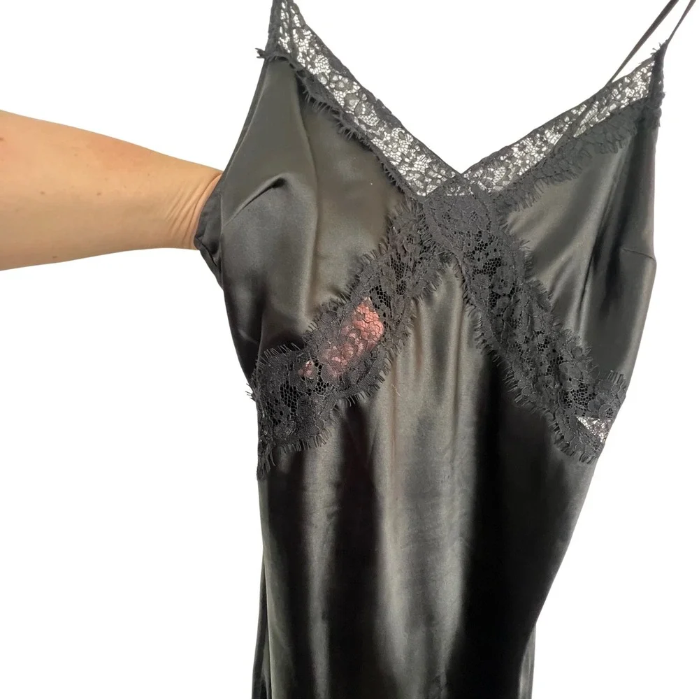 Lulus Black Satin Lace Trim Midi Slip Dress Feminine Adjustable Straps Womens M